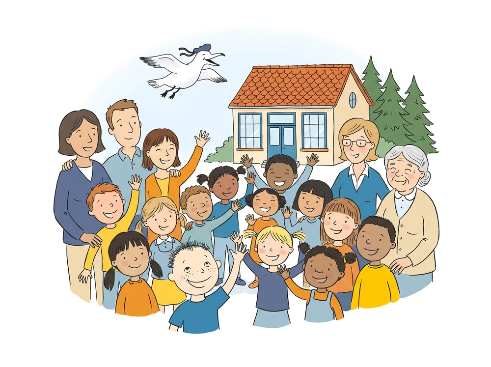 Gezeichnet: Kinder, Eltern, Lehrerinnen und eine Oma winken vor der Grundschule, darüber fliegt die Möwe mit der blauen Mütze.